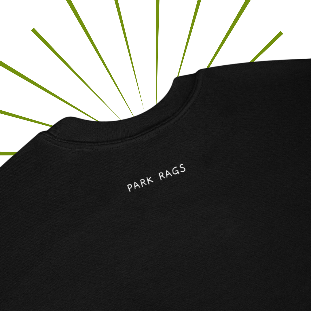 A detailed shot of the Park Rags logo located on the back of the sweatshirt in Black, a few inches below the collar.