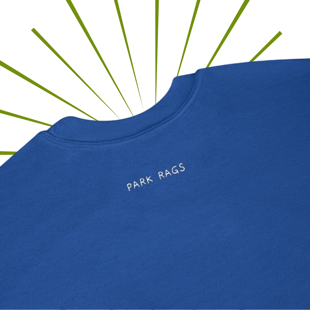 A detailed shot of the Park Rags logo located on the back of the sweatshirt in Royal Blue, a few inches below the collar.