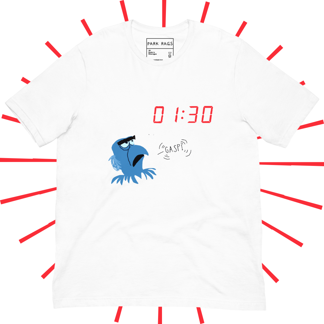 The front side of a white, graphic T-shirt with 01:30 in red, digital clock font towards the upper righthand side. Below that and to the left is a shakily rendered Sam Eagle from the Muppets looking up at the 01:30, as if drawn on MS Paint. An also shakily rendered "GASP!" speech bubble emanates from his mouth as an homage to a particular moment in Muppet*Vision 3D.