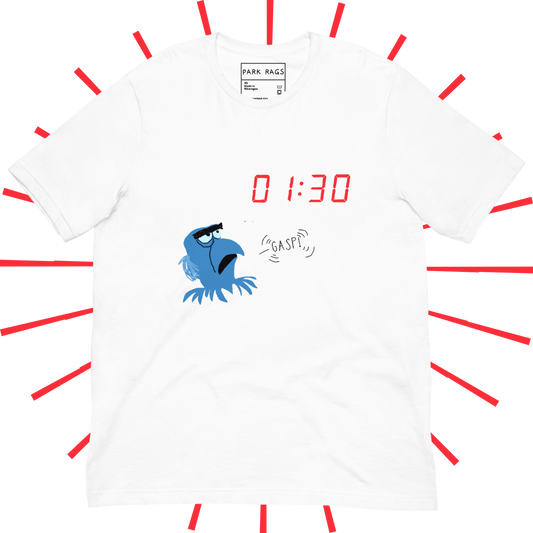 The front side of a white, graphic T-shirt with 01:30 in red, digital clock font towards the upper righthand side. Below that and to the left is a shakily rendered Sam Eagle from the Muppets looking up at the 01:30, as if drawn on MS Paint. An also shakily rendered "GASP!" speech bubble emanates from his mouth as an homage to a particular moment in Muppet*Vision 3D.