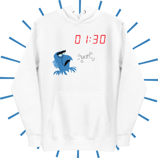 The front side of a white, graphic hoodie with 01:30 in red, digital clock font towards the upper righthand side. Below that and to the left is a shakily rendered Sam Eagle from the Muppets looking up at the 01:30, as if drawn on MS Paint. An also shakily rendered "GASP!" speech bubble emanates from his mouth as an homage to a particular moment in Muppet*Vision 3D.