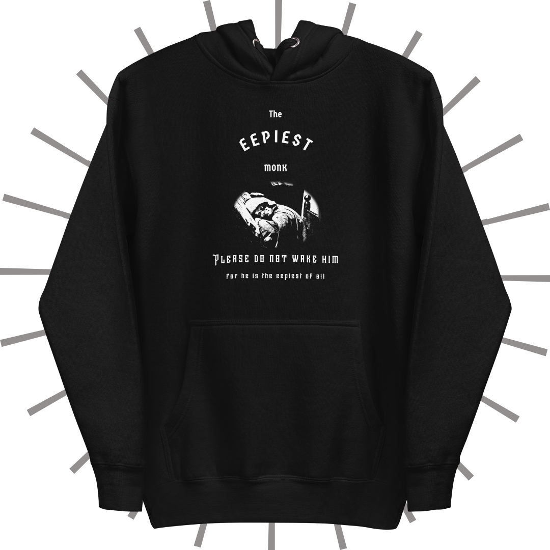 Front side of a black hoodie with medieval-inspired white text reading "The Eepiest Monk" at the top. Below that is a rendering of the sleeping monk animatronic from the Spaceship Earth ride at Epcot in Disney World, all in white. Below that is more medieval-inspired text reading "Please do not wake him for he is the eepiest of all." The pouch of the hoodie sits a few inches below the entire design.