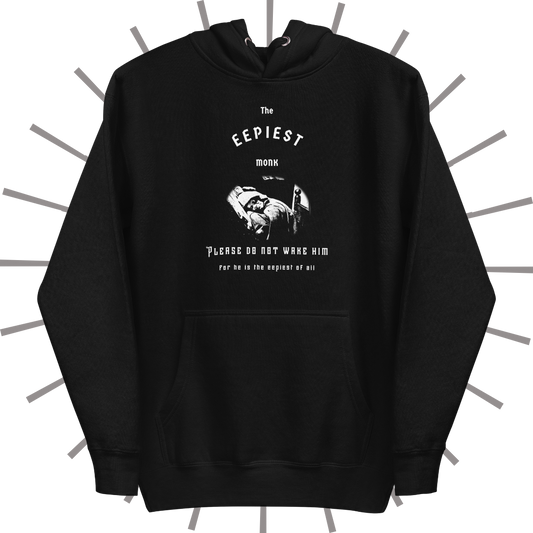 Front side of a black hoodie with medieval-inspired white text reading "The Eepiest Monk" at the top. Below that is a rendering of the sleeping monk animatronic from the Spaceship Earth ride at Epcot in Disney World, all in white. Below that is more medieval-inspired text reading "Please do not wake him for he is the eepiest of all." The pouch of the hoodie sits a few inches below the entire design.