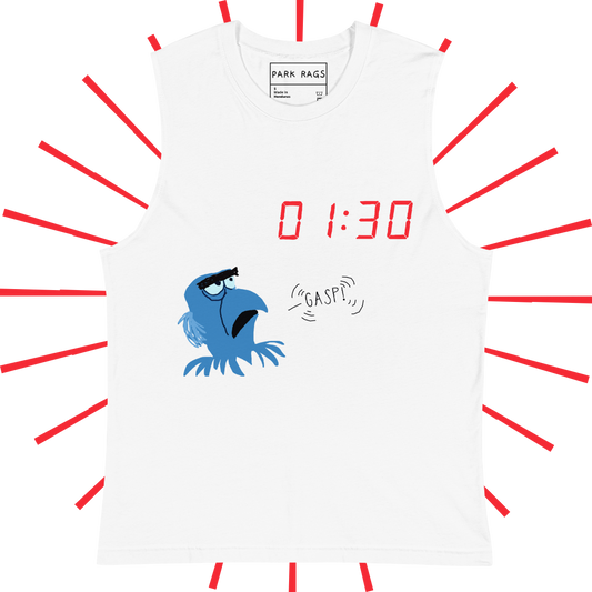 The front side of a white, graphic tank top with 01:30 in red, digital clock font towards the upper righthand side. Below that and to the left is a shakily rendered Sam Eagle from the Muppets looking up at the 01:30, as if drawn on MS Paint. An also shakily rendered "GASP!" speech bubble emanates from his mouth as an homage to a particular moment in Muppet*Vision 3D.