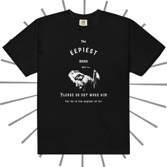 Front side of a black T-shirt with medieval-inspired white text reading "The Eepiest Monk" at the top. Below that is a rendering of the sleeping monk animatronic from the Spaceship Earth ride at Epcot in Disney World, all in white. Below that is more medieval-inspired text reading "Please do not wake him for he is the eepiest of all." 