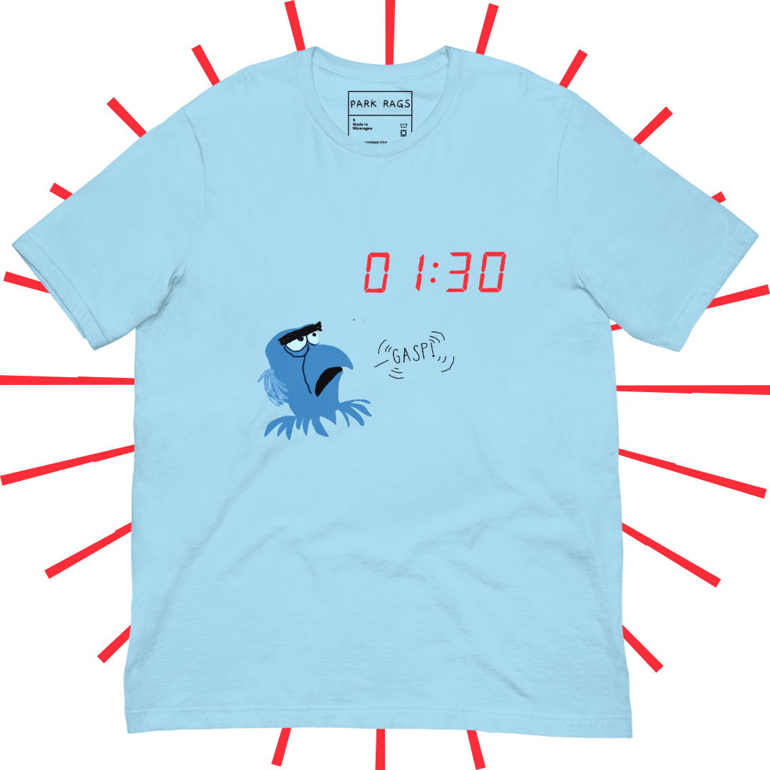 The front side of a light blue, graphic T-shirt with 01:30 in red, digital clock font towards the upper righthand side. Below that and to the left is a shakily rendered Sam Eagle from the Muppets looking up at the 01:30, as if drawn on MS Paint. An also shakily rendered "GASP!" speech bubble emanates from his mouth as an homage to a particular moment in Muppet*Vision 3D.