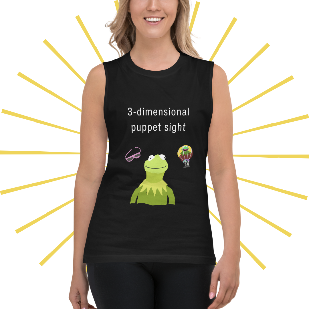 A young, slender Caucasian woman wearing the 3D Puppet Sight tank in black.