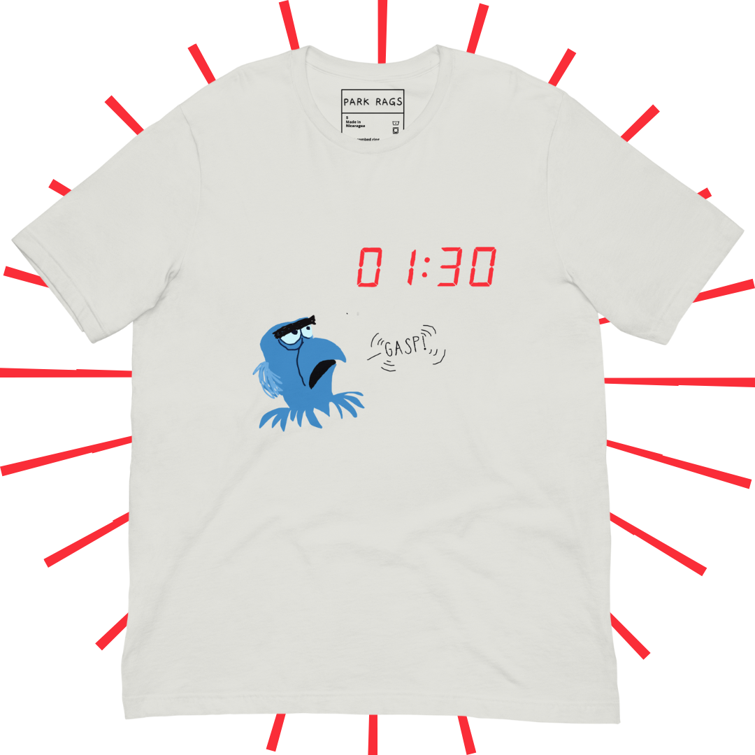 The front side of a dusty white, graphic T-shirt with 01:30 in red, digital clock font towards the upper righthand side. Below that and to the left is a shakily rendered Sam Eagle from the Muppets looking up at the 01:30, as if drawn on MS Paint. An also shakily rendered "GASP!" speech bubble emanates from his mouth as an homage to a particular moment in Muppet*Vision 3D.