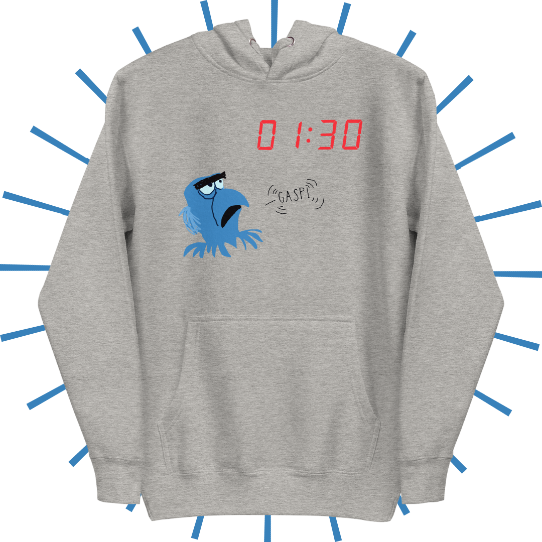 The front side of a heather grey, graphic hoodie with 01:30 in red, digital clock font towards the upper righthand side. Below that and to the left is a shakily rendered Sam Eagle from the Muppets looking up at the 01:30, as if drawn on MS Paint. An also shakily rendered "GASP!" speech bubble emanates from his mouth as an homage to a particular moment in Muppet*Vision 3D.