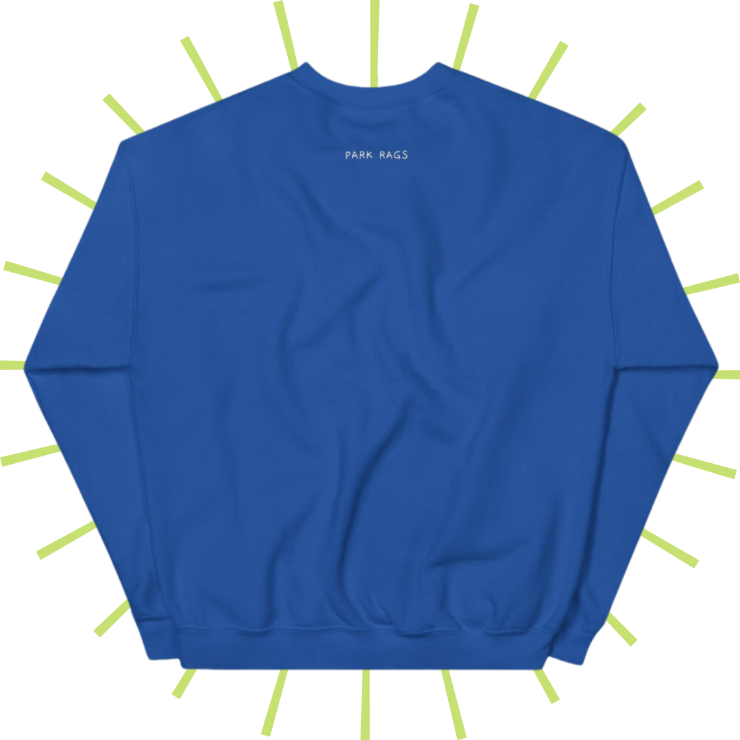 The backside of the sweatshirt in the color Royal Blue. A small, white Park Rags logo is located at the top center, a few inches below the collar.