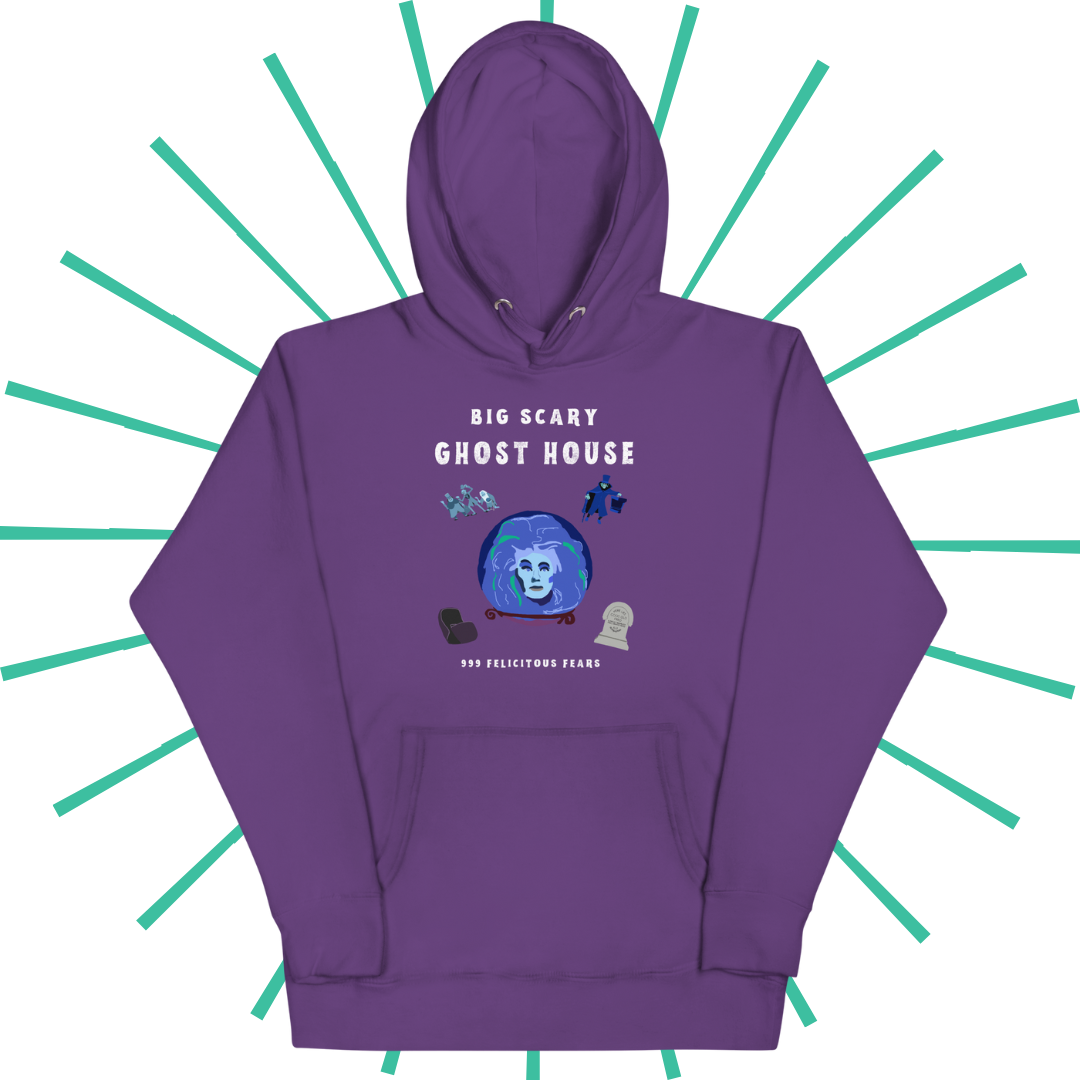 Front side of a purple hoodie (hood up) with spooky white text reading "Big Scary Ghost Host". Below that are 5 shakily rendered drawings, MS Paint style. In the center is Madame Leota in her crystal ball. In the upper left corner are the hitchhiking ghosts. To their right is the hatbox ghost. On the bottom left is an empty doom buggy. On the bottom right is a gravestone reading, “Here lies dear old Fred... a great big rock fell on his head.”