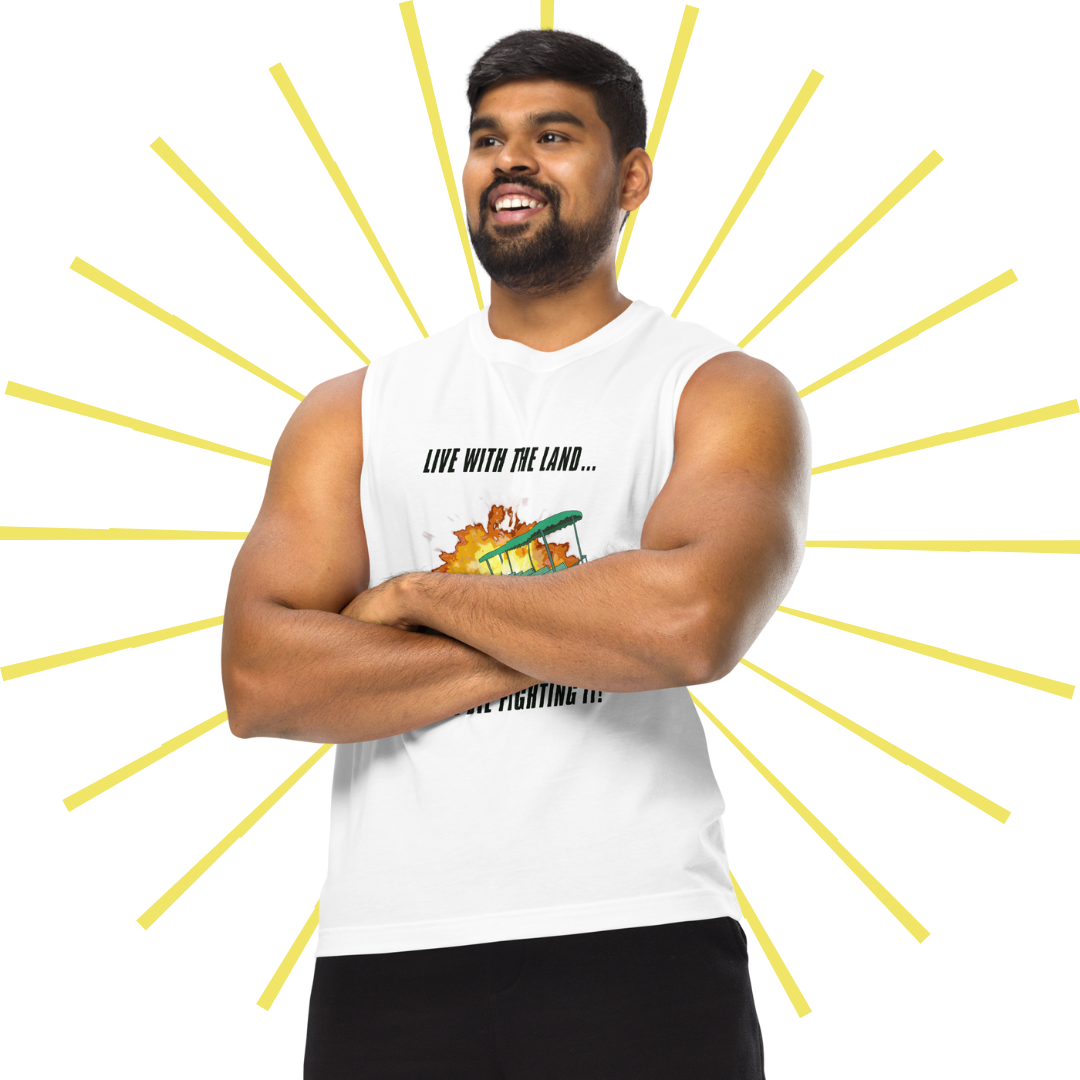 An athletic South Asian man standing tall with his arms crossed and smiling as he wears the Live with the Land tank.