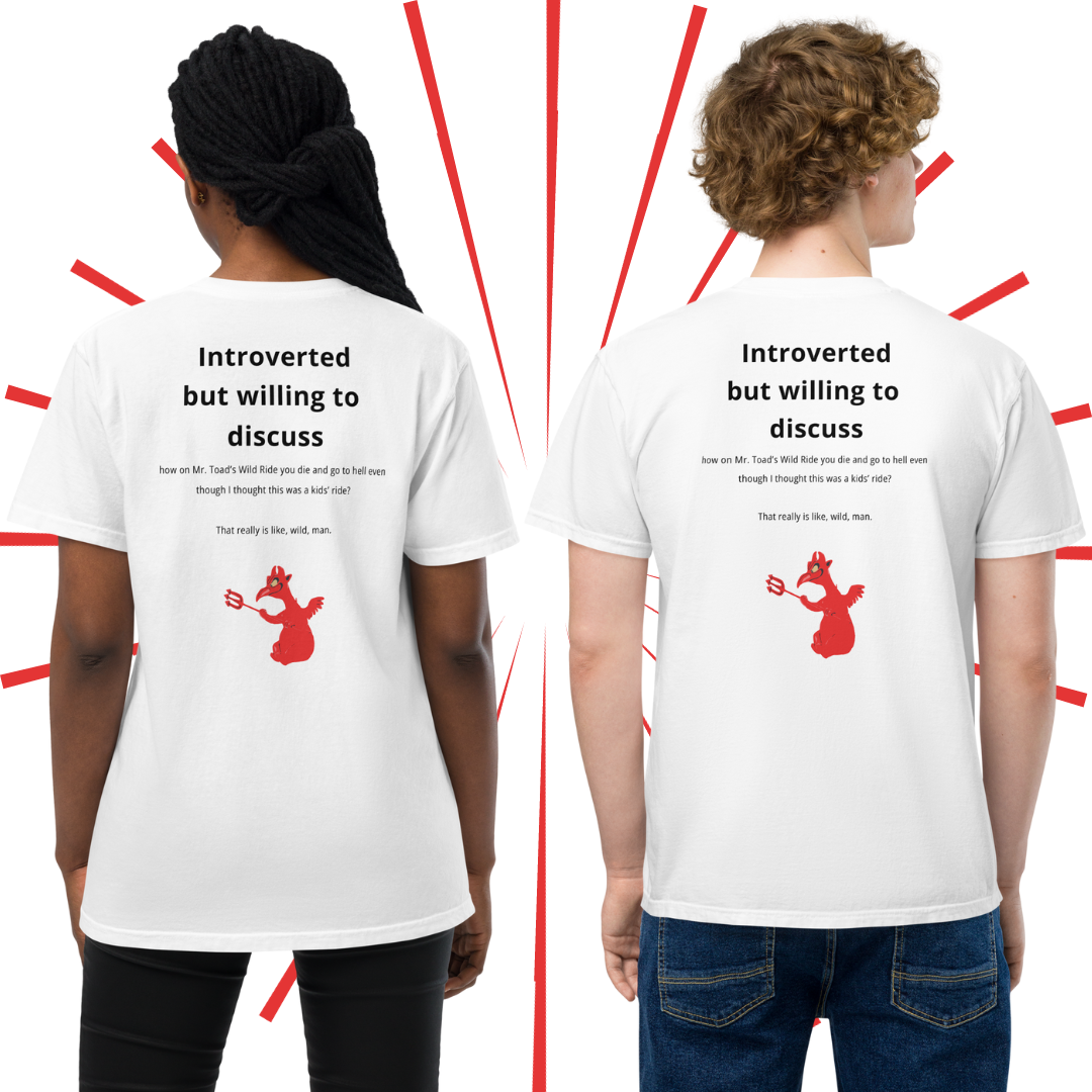 Two models - a young, slender Black woman and a young, slender Caucasian man - stand with their backs turned to the viewer. They are both wearing the "Like, Really Wild" T-shirt and showcasing the text and image on the back of the garment. The whole design covers about one half of the back of the shirt.