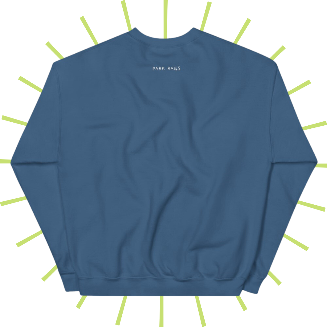 The backside of the sweatshirt in Indigo Blue. A small, white Park Rags logo is located at the top center, a few inches below the collar.