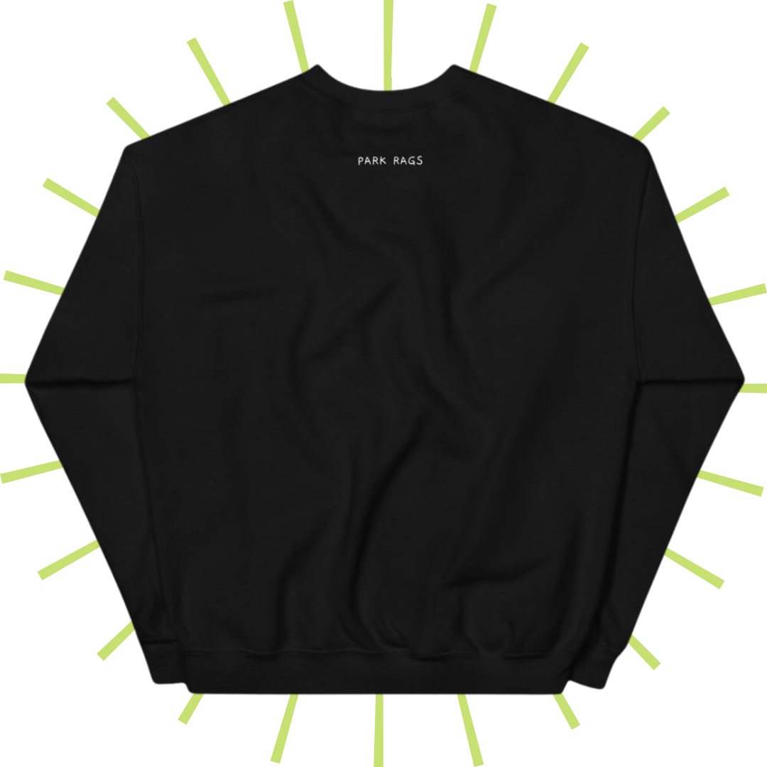 The backside of the black version of the sweatshirt. A small, white Park Rags logo is located at the top center, a few inches below the collar.