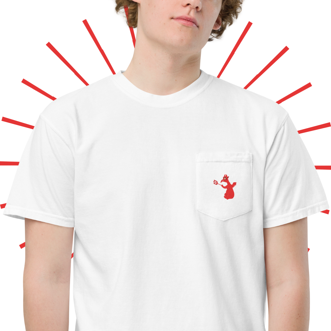 A closer shot of the front of the shirt, as worn by a young, slender Caucasian man. The little red devil dude design on the front pocket can be seen in more detail.