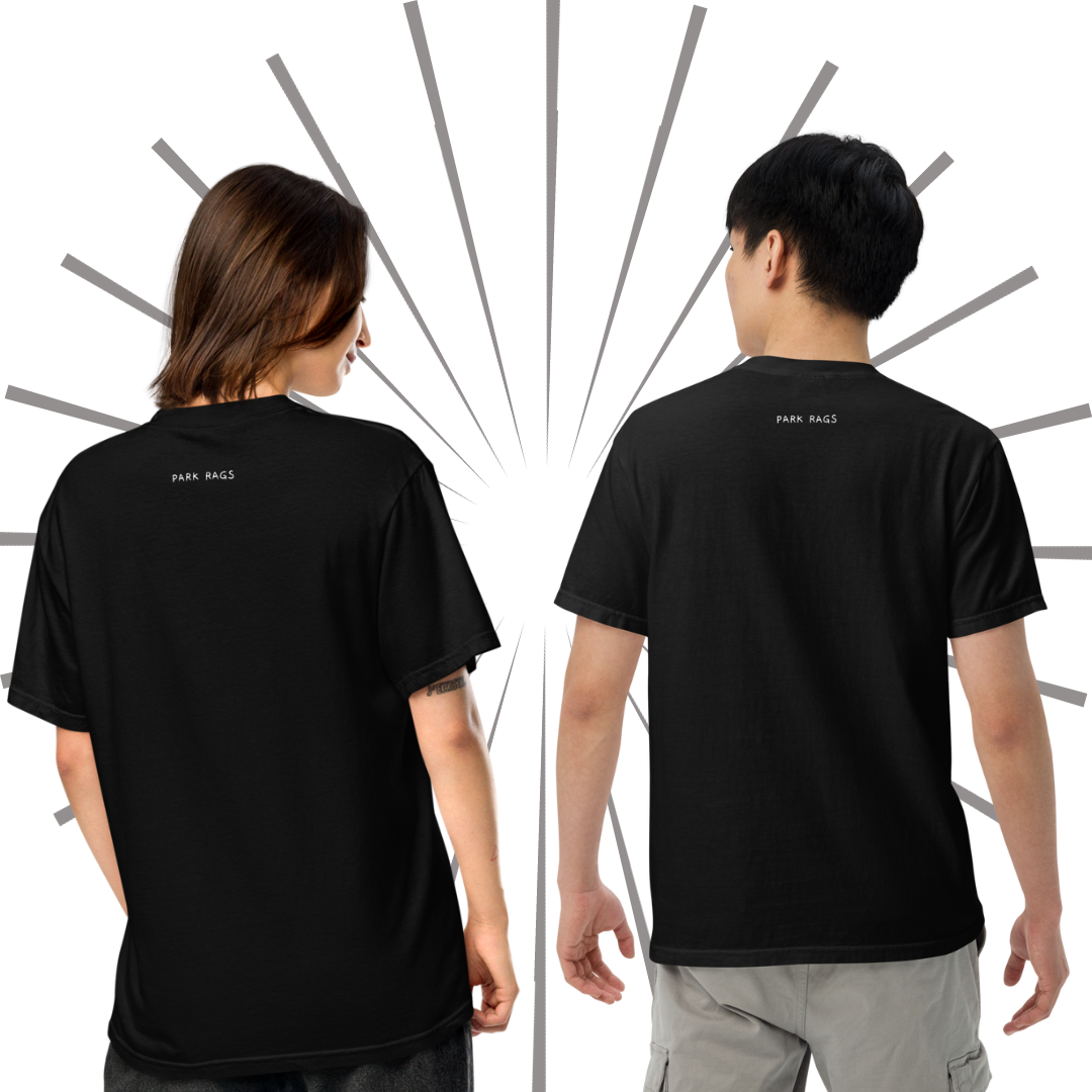 Two young models stand facing away from the viewer to showcase the backside of the Eepiest Monk tee. The model on the left is a Caucasian woman with medium-length brown hair. The model on the right is an Asian man with short, black hair. 