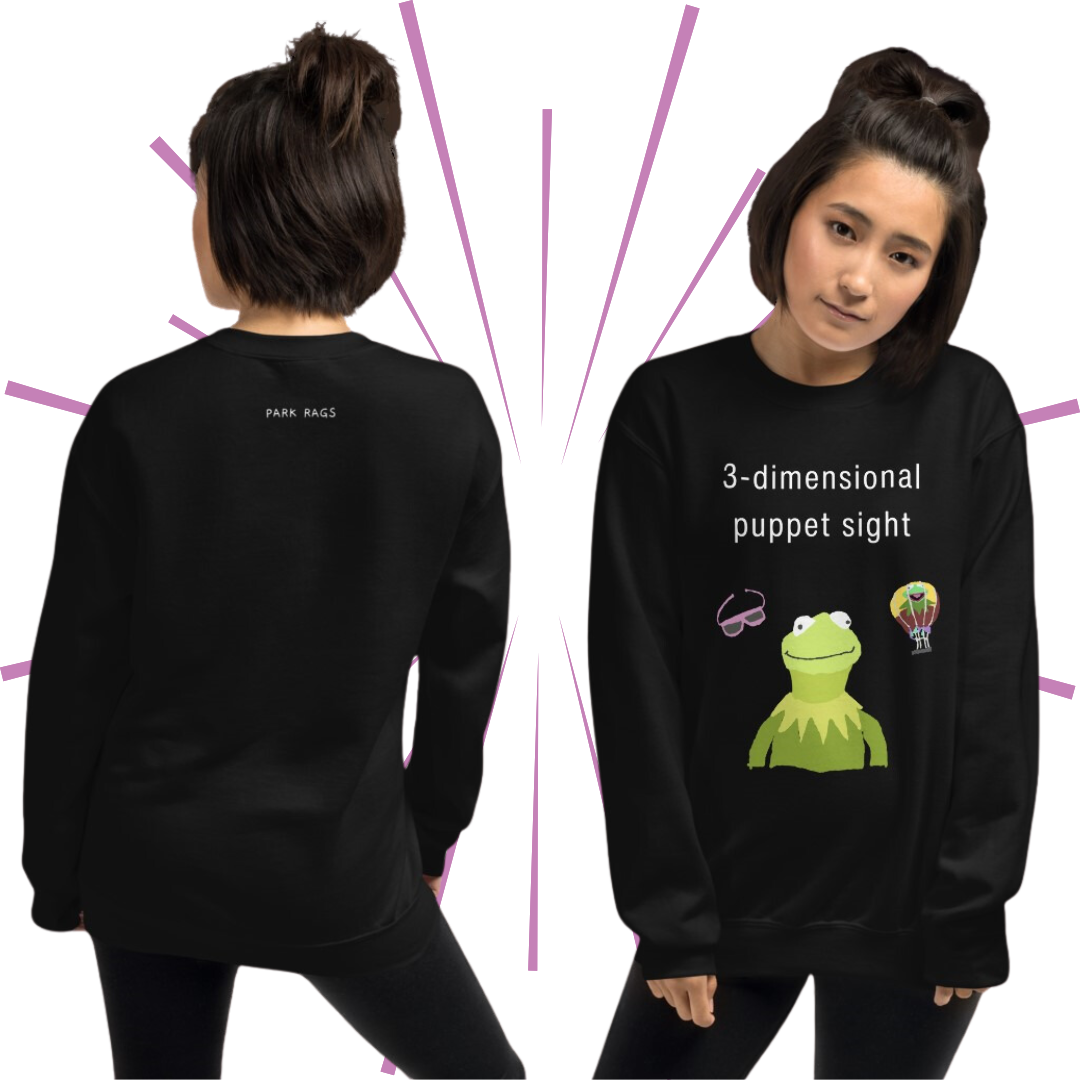 Two shots of a slender Asian woman with straight, medium-length dark brown hair wearing the black version of the sweatshirt. On the left, she is turned away from the viewer to show the back of the sweatshirt, which showcases a small, white Park Rags logo located at the top center. On the right, she faces the viewer with her head tilted towards her left side, neutral expression on her face.