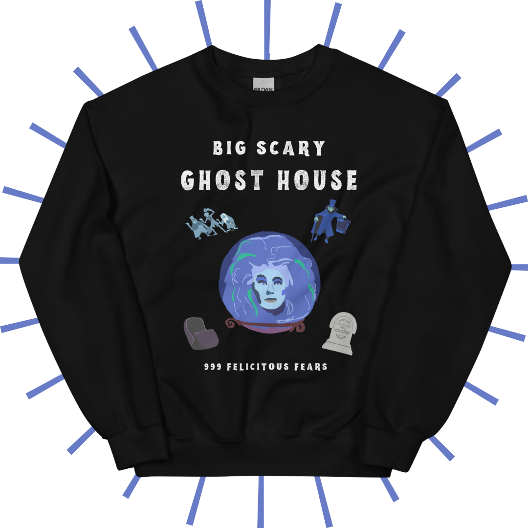 Front side of a black sweatshirt with spooky white text reading "Big Scary Ghost Host". Below that are 5 shakily rendered drawings, MS Paint style. In the center is Madame Leota in her crystal ball. In the upper left corner are the hitchhiking ghosts. To their right is the hatbox ghost. On the bottom left is an empty doom buggy. On the bottom right is a gravestone reading, “Here lies dear old Fred... a great big rock fell on his head.”