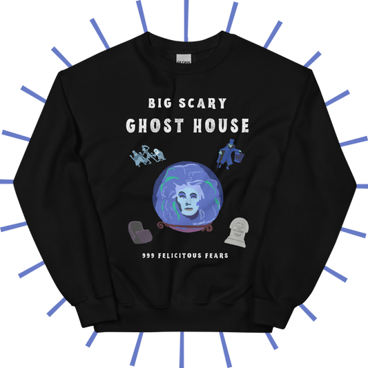 Front side of a black sweatshirt with spooky white text reading "Big Scary Ghost Host". Below that are 5 shakily rendered drawings, MS Paint style. In the center is Madame Leota in her crystal ball. In the upper left corner are the hitchhiking ghosts. To their right is the hatbox ghost. On the bottom left is an empty doom buggy. On the bottom right is a gravestone reading, “Here lies dear old Fred... a great big rock fell on his head.”